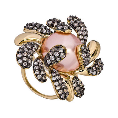 Two-Tone, 18K YG And Black Rhodium Plated, Pink Pearl and Crystal CZ Petals Ring