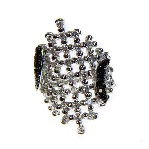 Rhodium Plated Brass, Black And Crystal Cz Ring