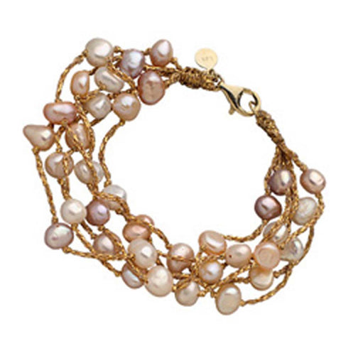18K YG Plated over Sterling Silver, Pink And White Freshwater Pearl  Lurex Bracelet