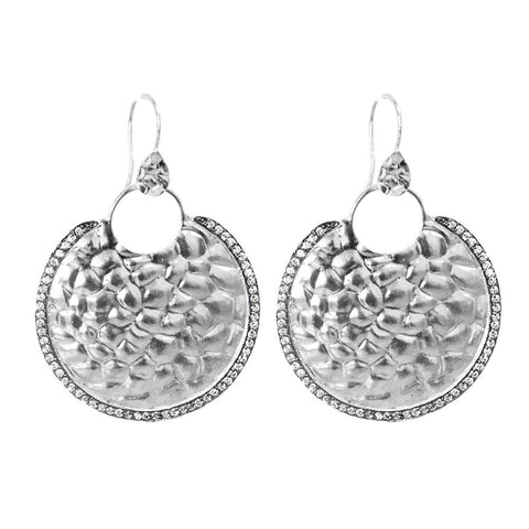 Two-Tone, Rhodium And Black Rhodium Plated, Crystal CZ Hammered Disc Earrings