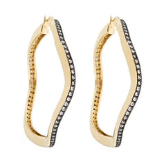 Two-Tone, 18K YG And Black Rhodium Plated Wavy CZ Hoop Earrings