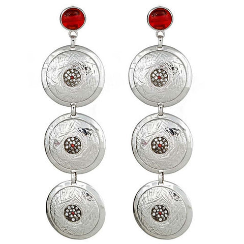 Two-Tone, Rhodium and Black Rhodium Plated, Red Lucite and CZ Triple Disc Linear Earrings