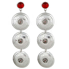 Two-Tone, Rhodium and Black Rhodium Plated, Red Lucite and CZ Triple Disc Linear Earrings