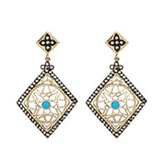 Two-Tone, 18K YG And Black Rhodium Plated Turquoise and CZ Renaissance Earrings