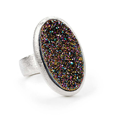 Rhodium Plated, Oval Peacock Drusy Ring