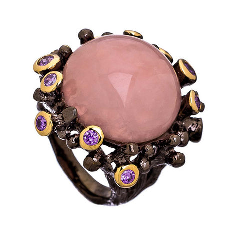 18K YG Plated, Hot Pink Mother-Of-Pearl And Cz Gumball Ring