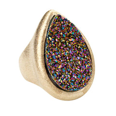 18K YG Plated, Pear Shape Peacock Drusy Ring