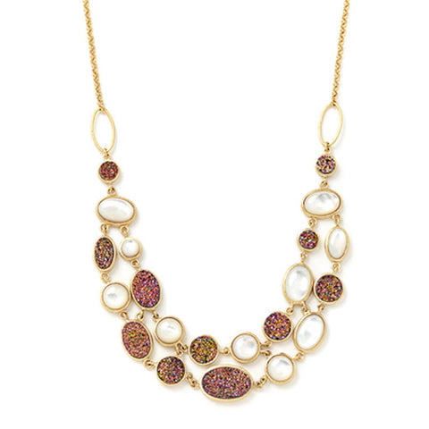 18K YG Gold Plated, Silver Drusy And White Agate Cabochon Necklace