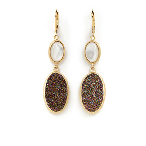18K YG Plated, Oval Peacock Drusy And Mother-Of-Pearl Earrings