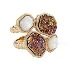 18K YG Plated, Peacock Drusy And Mother-Of-Pearl Mosaic Statement Ring