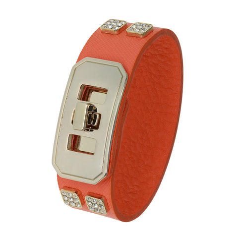 18K YG Plated  Red Leather Chain Link Design Snap Bracelet