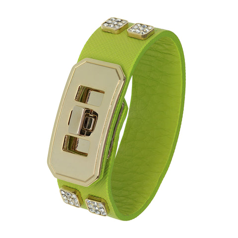 18K YG Plated, Hunter Green Leather Button Snap Rider'S Cuff Bracelet
