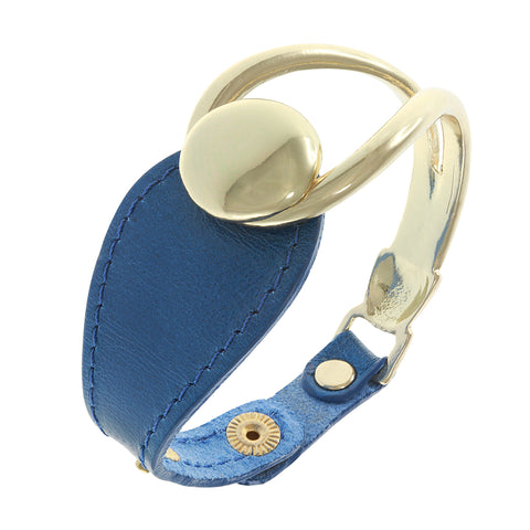 18K YG Plated, Blue Leather Button Snap Rider's Cuff Bracelet