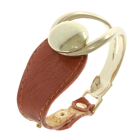 18Kt YG Plated, Brown Leather Button Snap Rider'S Cuff Bracelet