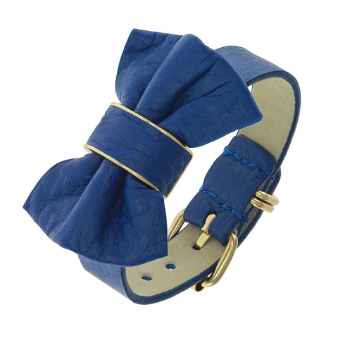 18K YG Plated, Blue Leather Button Snap Rider's Cuff Bracelet