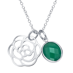 Rhodium Plated Faceted Green Onyx  with Cut-out Rose Charm Pendant Necklace
