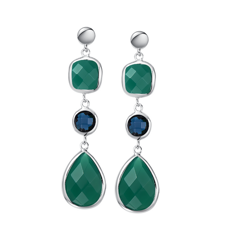 Rhodium Plated Faceted Linear Green Onyx and Montana Blue Blue Glass Earrings