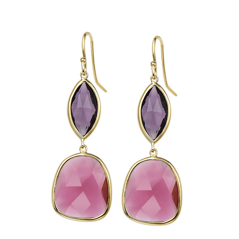14K YG Plated Faceted Linear Amethyst And Fuchsia Glass Earrings