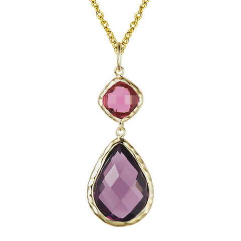 14K YG Plated Square Fuchsia Glass And Amethyst Pear Drop Necklace