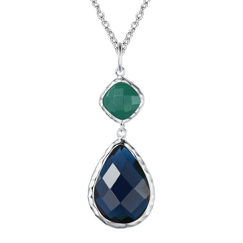 Rhodium Plated Faceted Green Onyx And Montana Blue Glass "Y"  Necklace