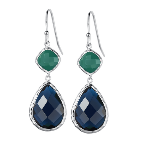 Rhodium Plated Faceted Linear Green Onyx and Montana Blue Blue Glass Earrings