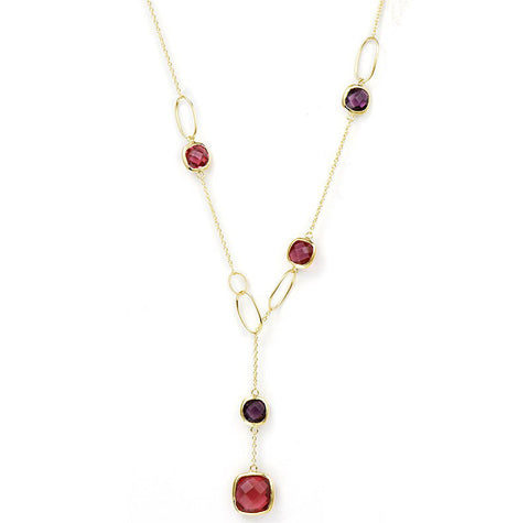 14K YG Plated Brass Fuchsia Glass And Amethyst "Y"  Necklace
