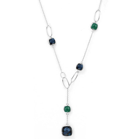 Rhodium Plated Faceted Green Onyx And Montana Blue Glass "Y"  Necklace