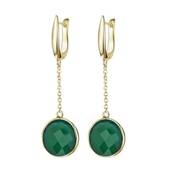 14K YG Plated Round Faceted Green Onyx Linear Earrings