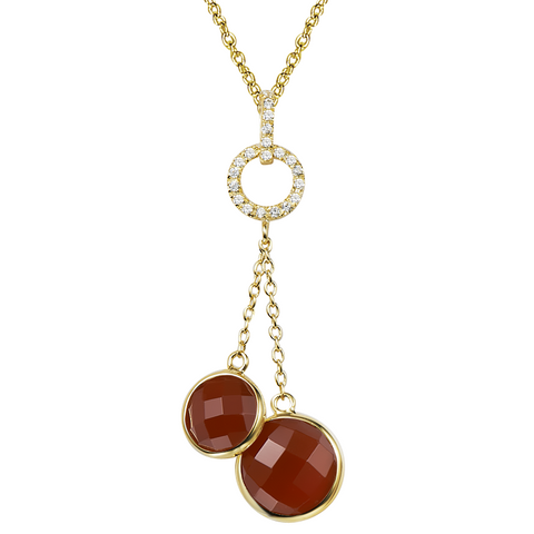 14K YG Plated  Round  Faceted Carnelian and CZ Duet Necklace