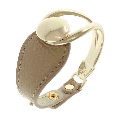 18K YG Plated Tan Leather Button Snap Rider'S Cuff Bracelet
