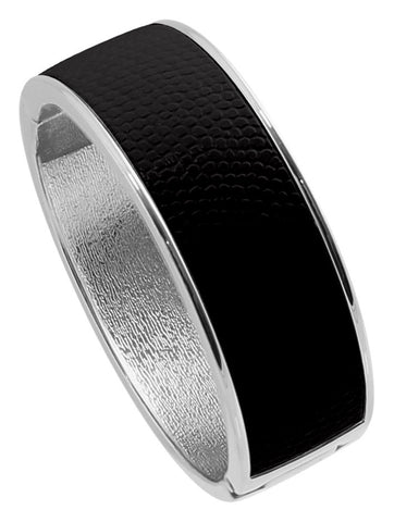 Rhodium Plated  "Cali" Jet Black Faux Lizard Embossed Leather Hinged Bangle