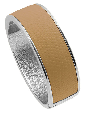 Rhodium Plated  "Cali" Beige Faux Lizard Embossed Leather Hinged Bangle