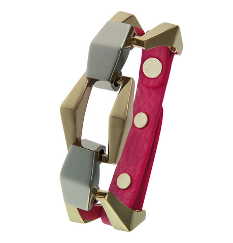 18K YG and Rhodium Plated 3 Crystal  Hot Pink Leather Thick Link Snap Bracelet
