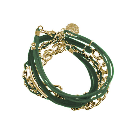 18K YG and Rhodium Plated 3 Crystal Green Leather Thick Link Snap Bracelet