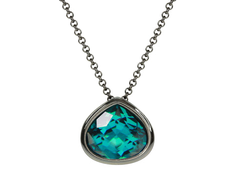 Rhodium Plated Faceted Green Onyx And Montana Blue Glass Necklace