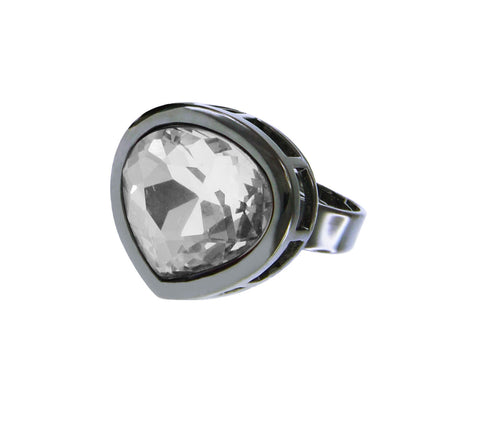 Black Rhodium Plated White Crystal Pear Shape Adjustable Ring