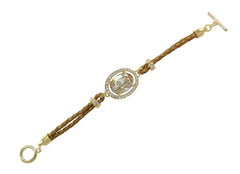 Champagne Center Crystal and Braided Genuine Leather Toggle Bracele