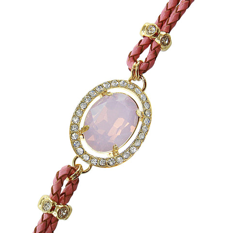 Rose Opal Center Crystal and Braided Genuine Leather Toggle Bracele