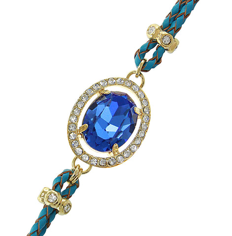 18K YG and Rhodium Plated 3 Crystal Navy Leather Thick Link Snap Bracelet