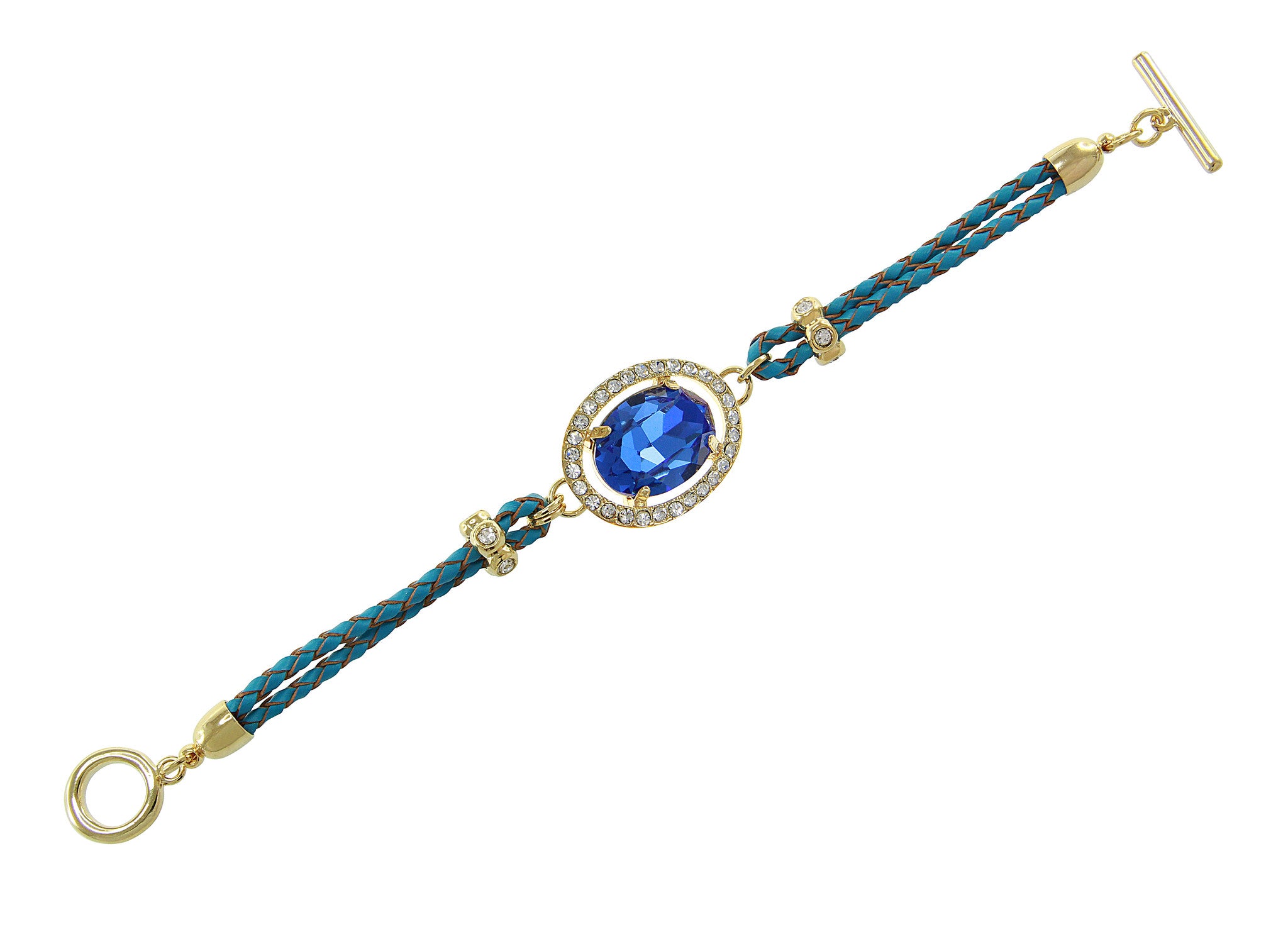 Aqua Blue Center Crystal and Braided Genuine Leather Toggle Bracele