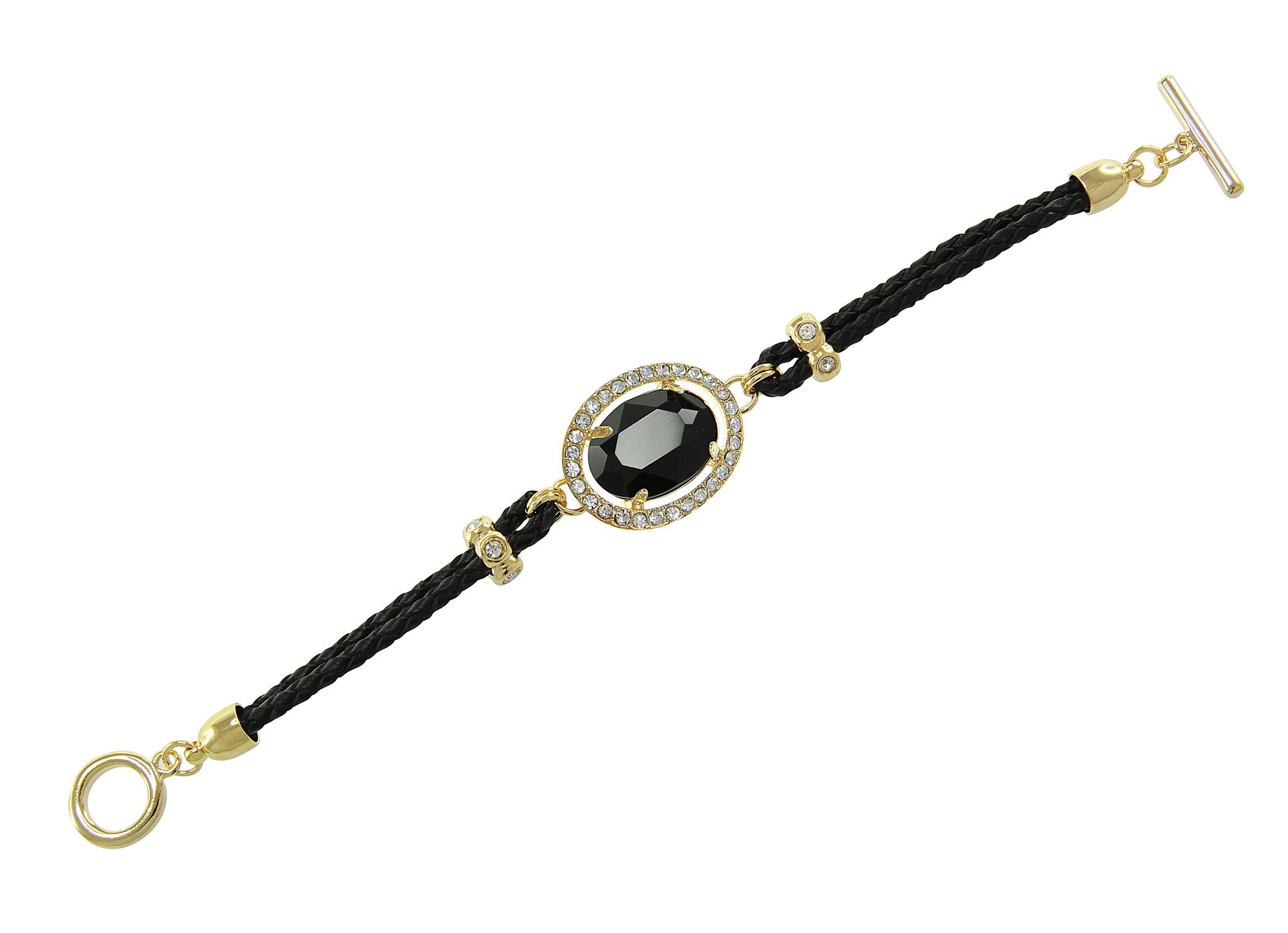 Black Center Crystal and Braided Genuine Leather Toggle Bracele