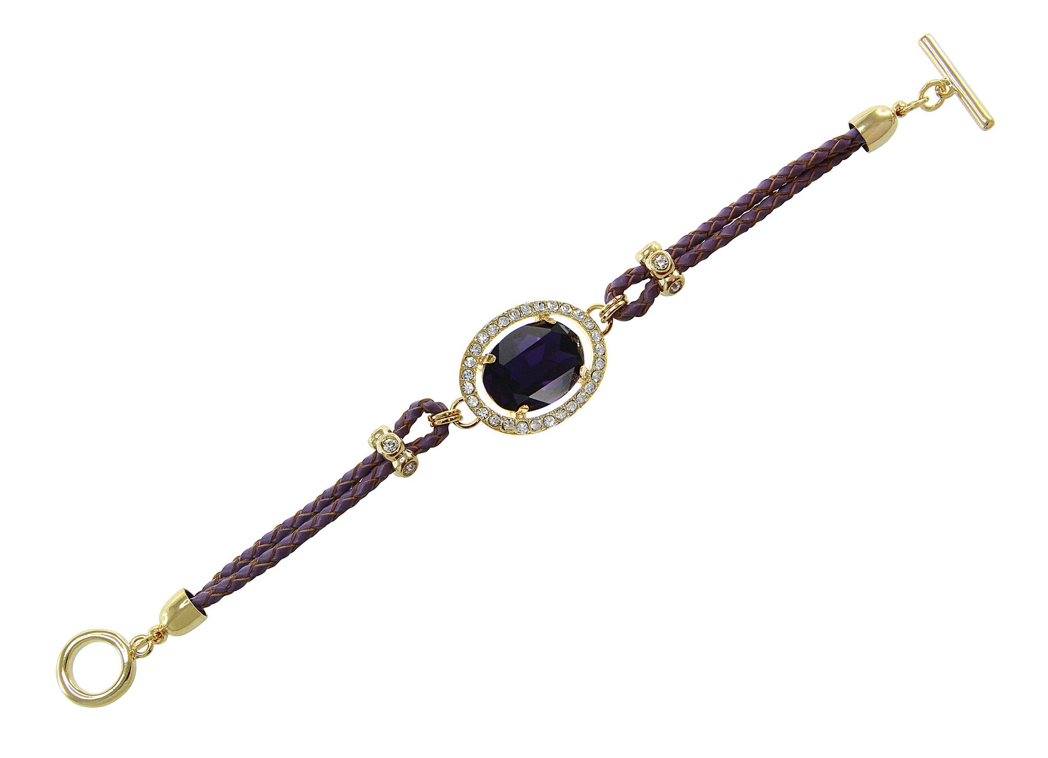 Purpel Center Crystal and Braided Genuine Leather Toggle Bracele