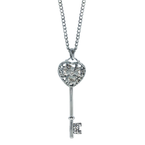 Rhodium Plated, Crystal Cage Key Pendant Necklace