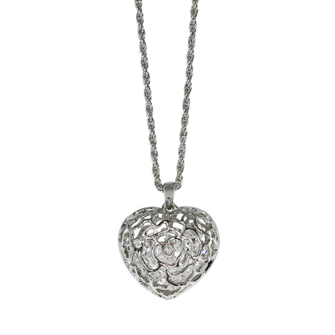 Rhodium Plated, Crystal Cage Heart Pendant Necklace
