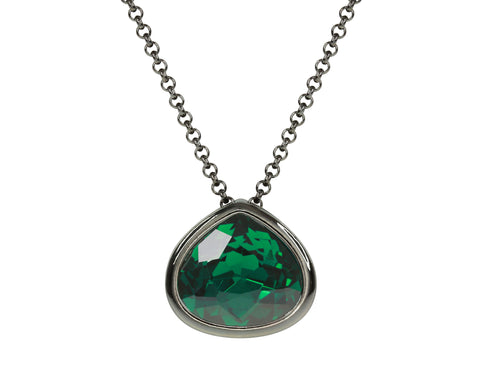 Rhodium Plated Faceted Green Onyx  with Cut-out Rose Charm Pendant Necklace