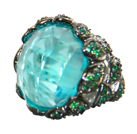 Rhodium Plated Brass, Faceted Aqua Crystal And Green Cz Cocktail Ring