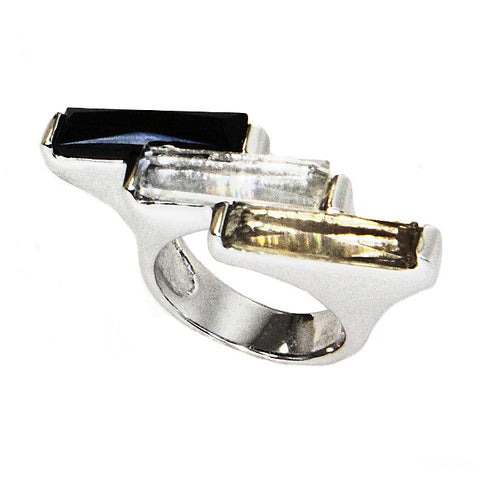 Two Tone, Rhodium And 18Kt YG Plated, Clear And Smoke Topaz Crystal, Staircase Ring