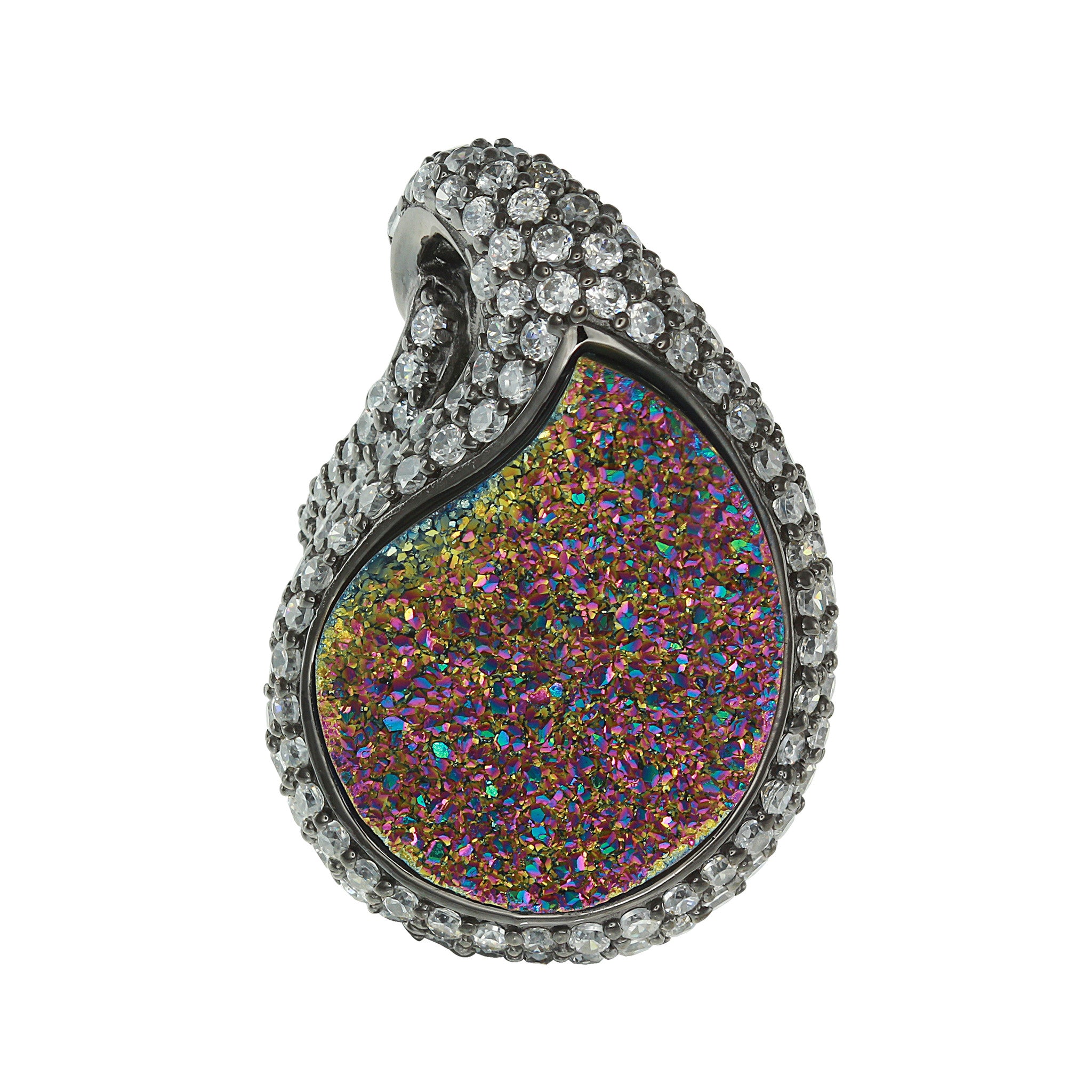 Black Rhodium Plated, Paisley Peacock Drusy and CZ Statement Ring