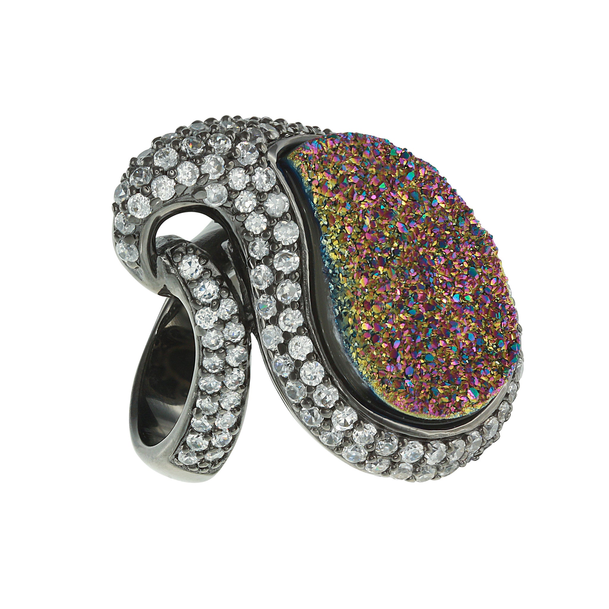 Black Rhodium Plated, Paisley Peacock Drusy and CZ Statement Ring